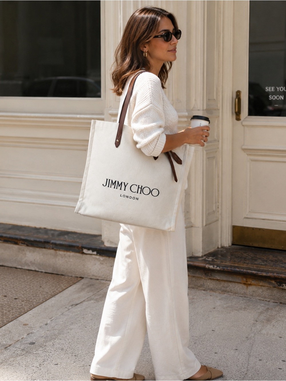 Jimmy Choo London Logo Canvas Tote Bag Natural Brown Leather Trim